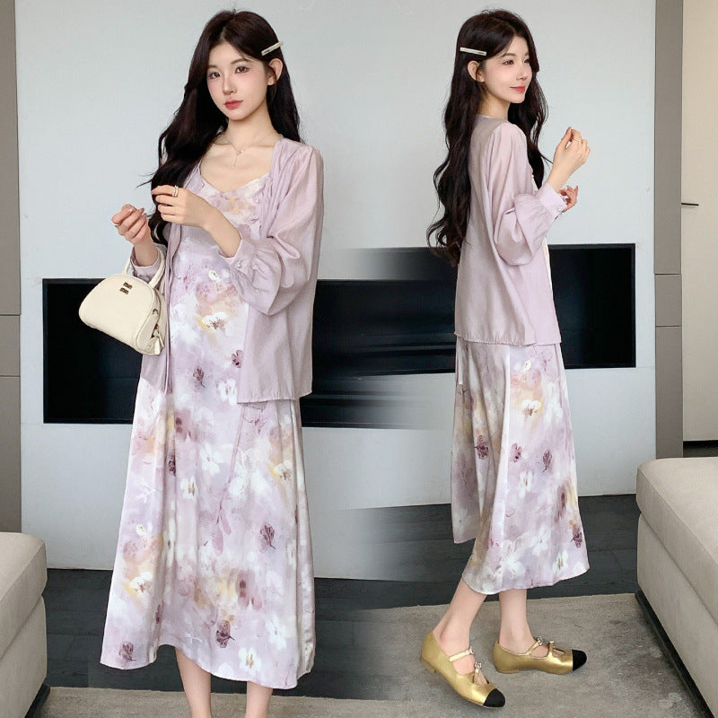 Sweet And Gentle Style Purple Printed Slip Dress Shirt And Cardigan Two-Piece Set