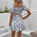 French-style Floral Print Dress Vacation-style Set Short Skirt