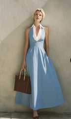 Light Blue Halter-neck Cinched-waist Long Dress