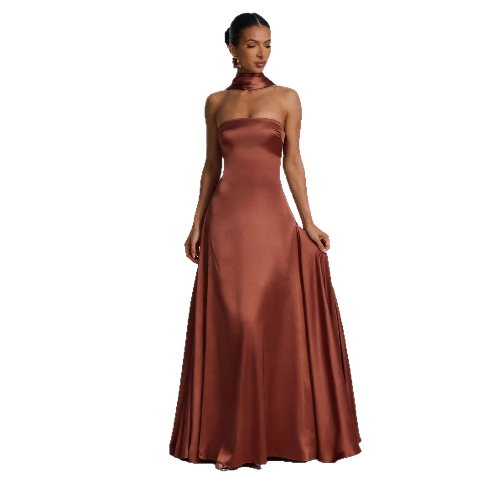 Womens Backless Tube-Top Waist-Cinching Evening Gown Long Dress