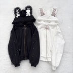 2D Ribbon Bunny Ears Hood With Bow And Pearl Decoration Cute Versatile Long Sleeve Jacket