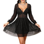 Deep-V Mesh Skirt With Sequins Sexy And Alluring Dress