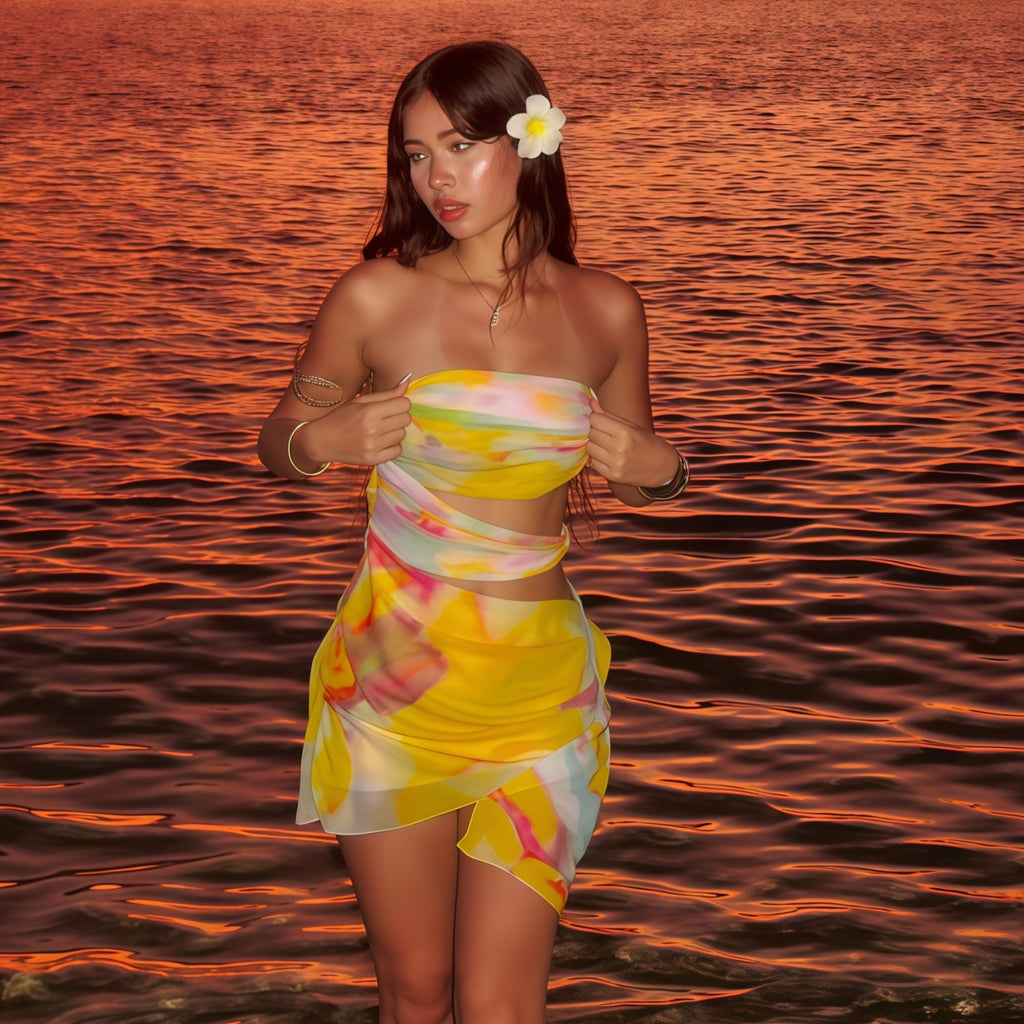 Summer Women's Printed Wear Beach Vacation Off-shoulder Tube Top Cinched Waist Hip Dress