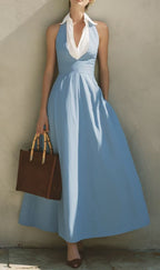 Light Blue Halter-neck Cinched-waist Long Dress