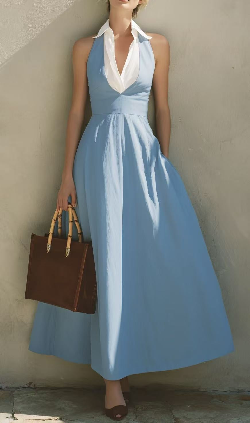 Light Blue Halter-neck Cinched-waist Long Dress