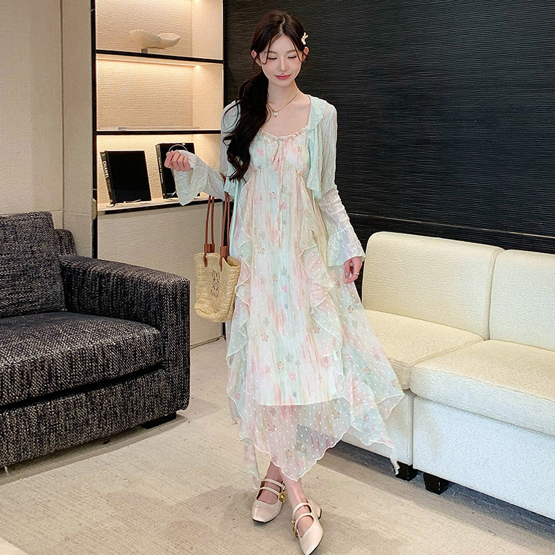 Sweet-style Floral Slip Dress And Lace Cardigan Two-piece Set
