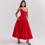 Solid-color V-neck Maxi-length Sleeveless Boned Bustier Elegant Sexy Figure-flattering Midi Dress
