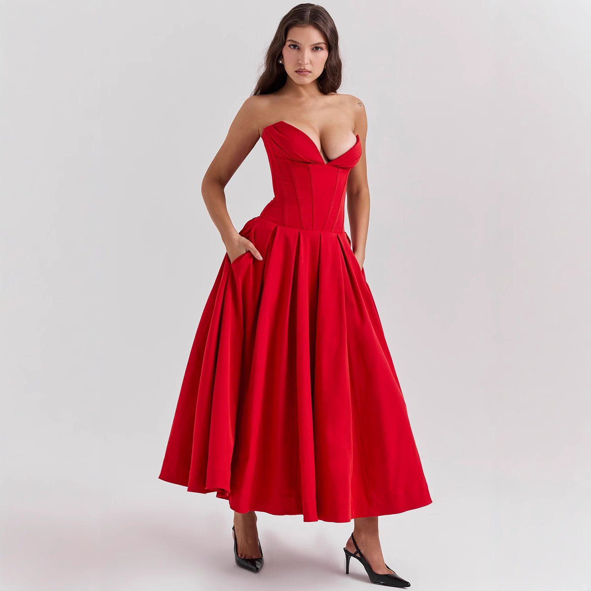 Solid-color V-neck Maxi-length Sleeveless Boned Bustier Elegant Sexy Figure-flattering Midi Dress
