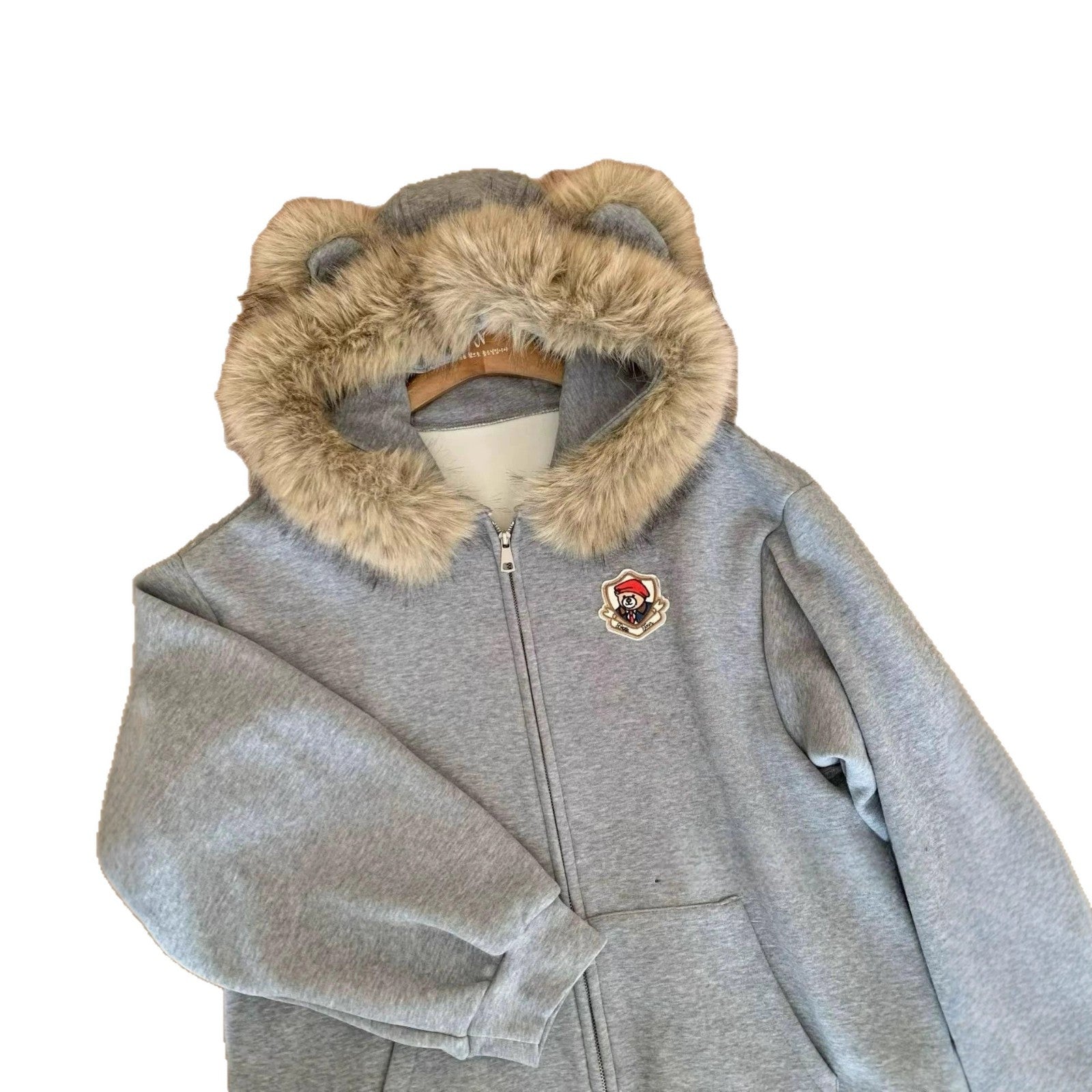 Korean Style Cute Bear Ears Fur Collar Hoodie Coat
