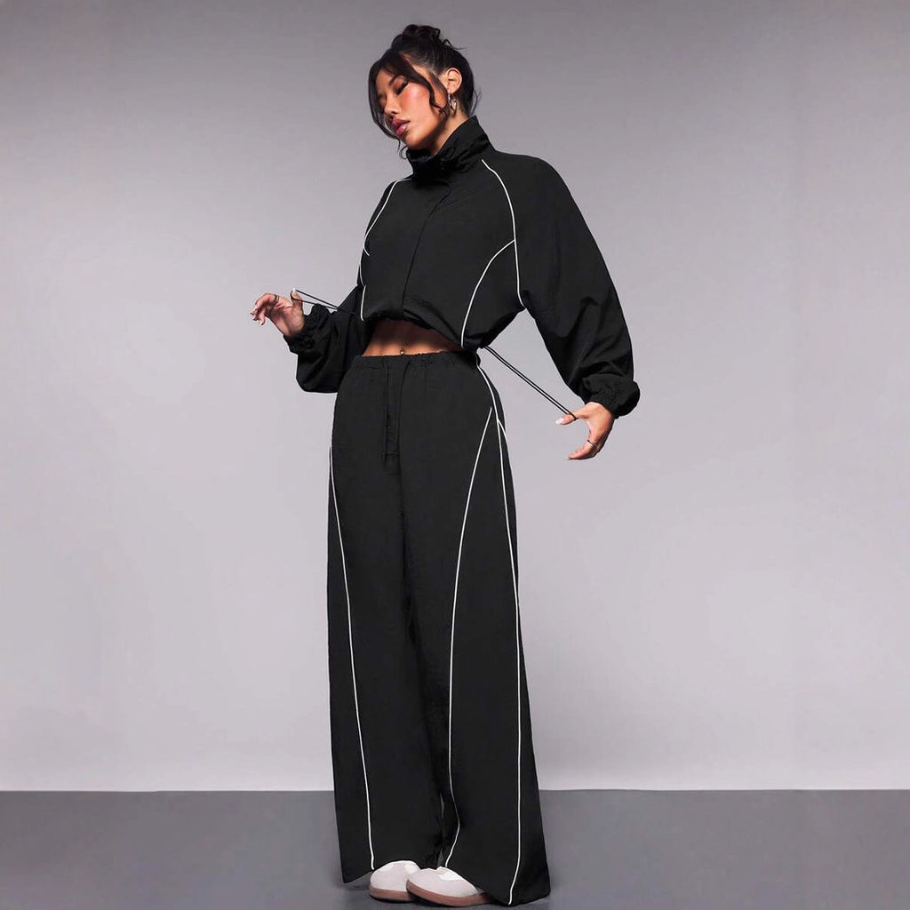 Womens Color-Block Drawstring Sports Jacket And Pants Set