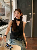 Slimming V-neckline Black All-matching Sleeveless Top