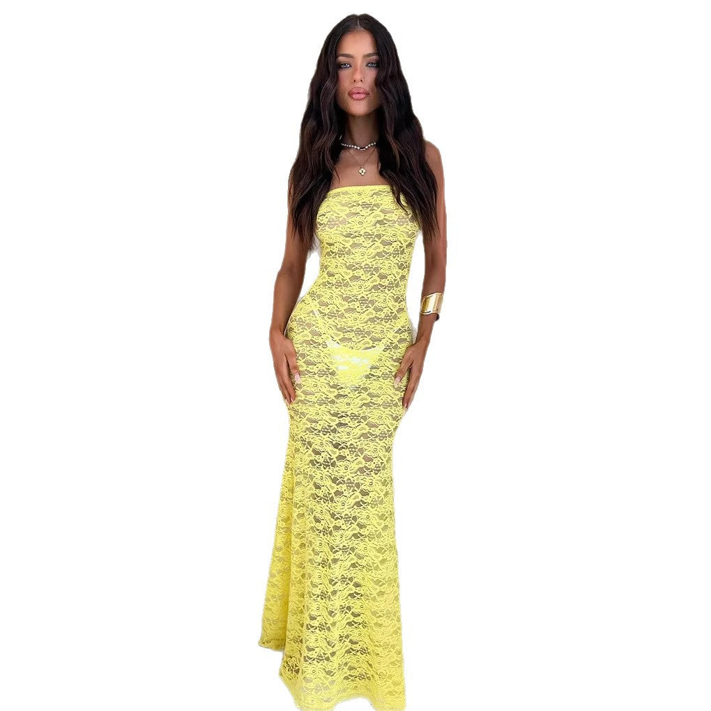 Lace-spliced Strap-backless Long Tube Dress For Women