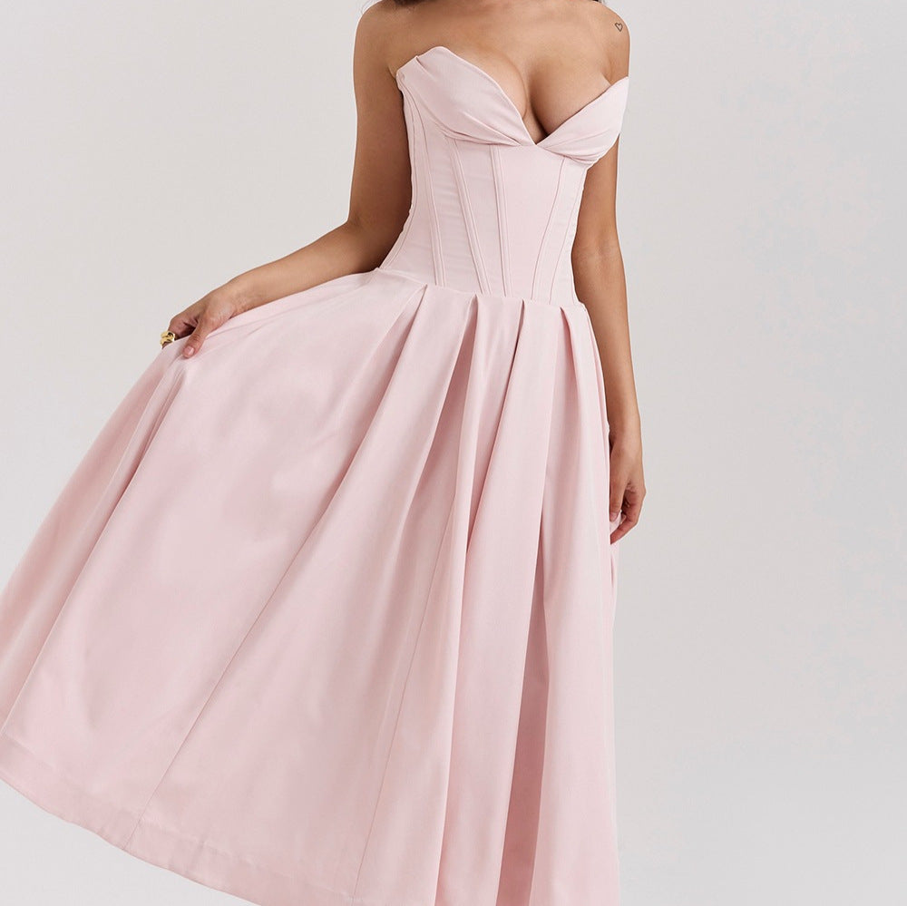 Solid-color V-neck Maxi-length Sleeveless Boned Bustier Elegant Sexy Figure-flattering Midi Dress