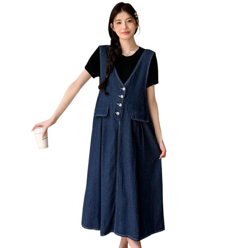 Plus-size Thin Denim Vest Skirt Base T-shirt Two-piece Set