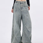 Light-blue Distressed Washed Denim Jeans With Spliced Pleats
