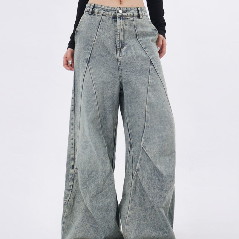 Light-blue Distressed Washed Denim Jeans With Spliced Pleats