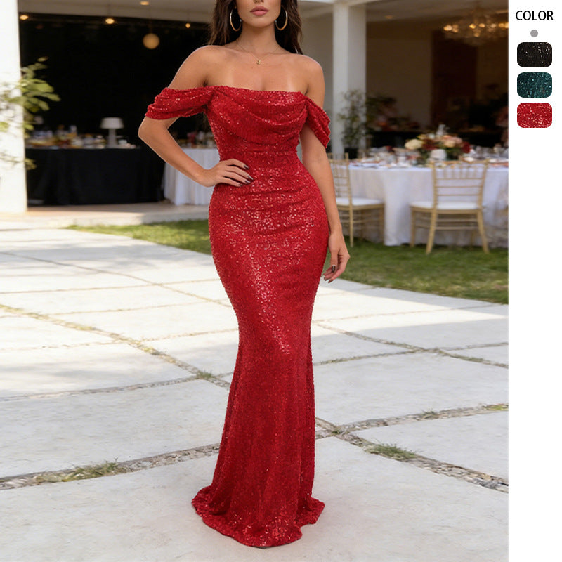 Womens Sequin Off-Shoulder Split Dress