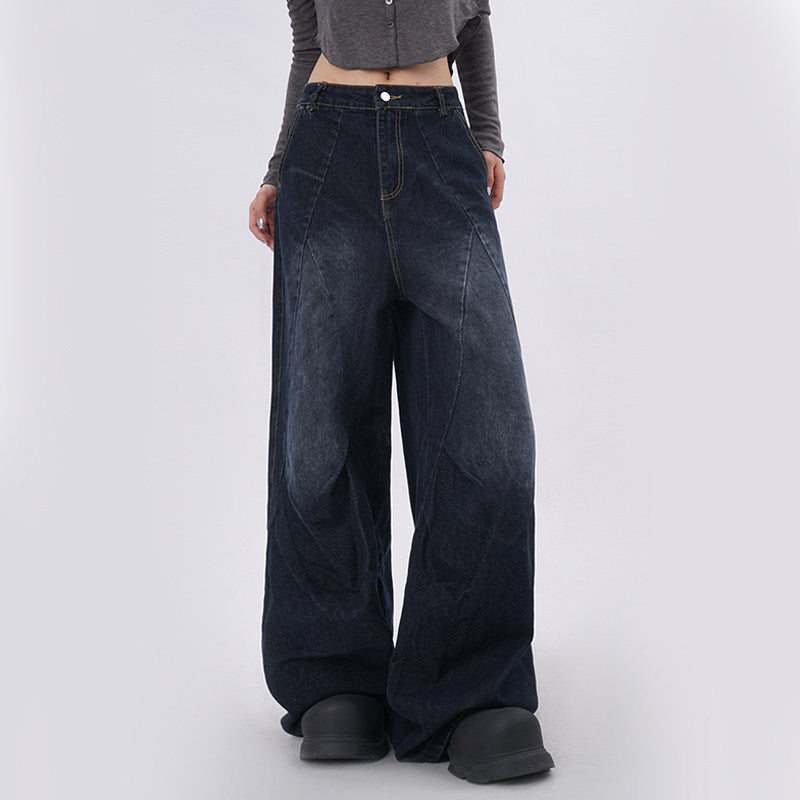 Light-blue Distressed Washed Denim Jeans With Spliced Pleats